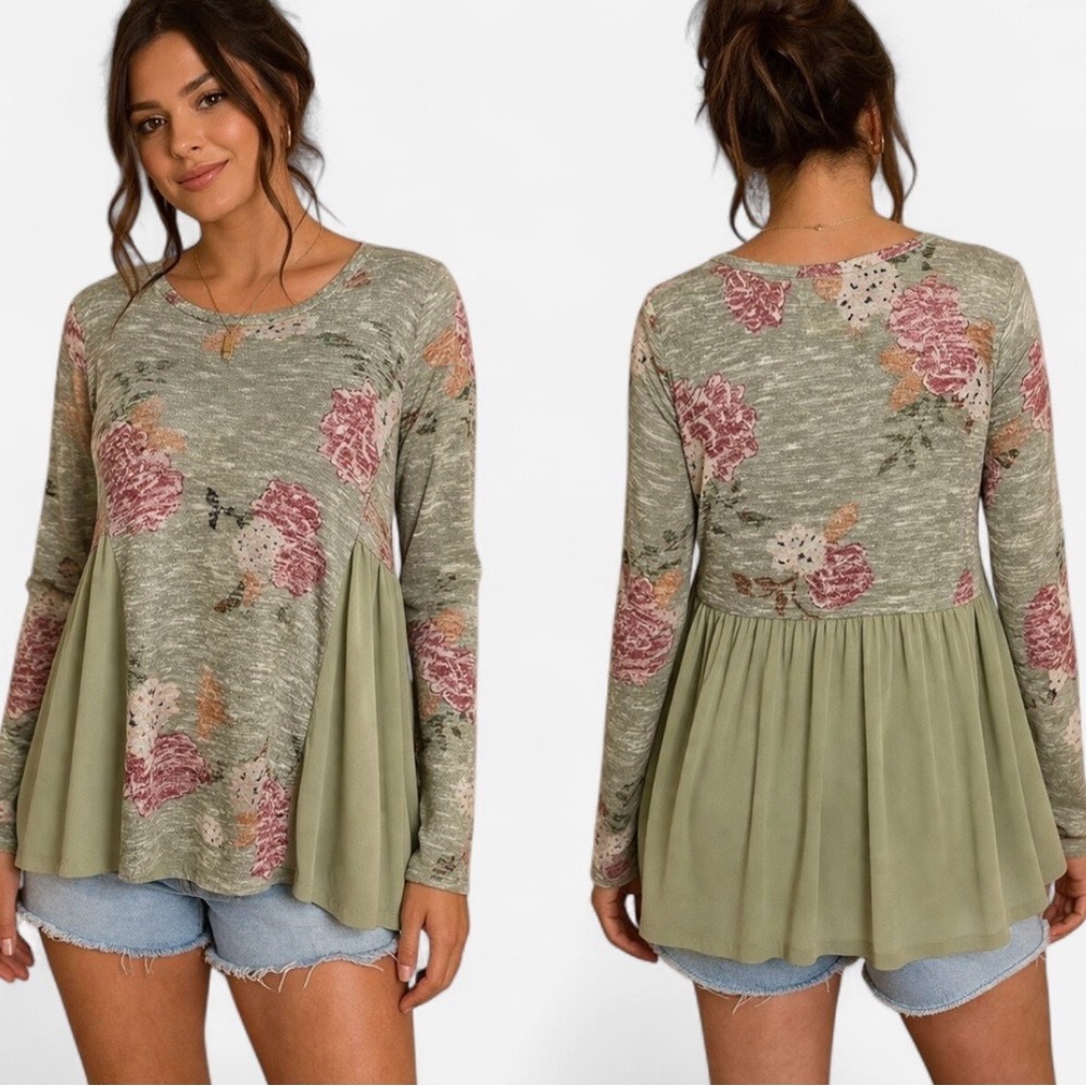 Altar’d State Floral Babydoll Top | Boho Flowy Long Sleeve Medium